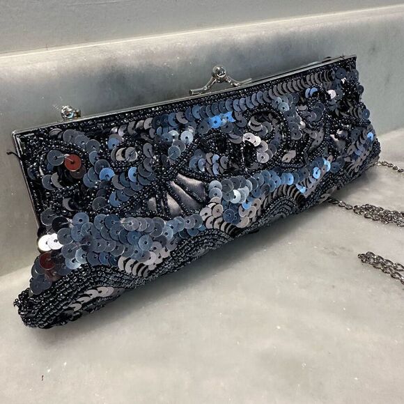 Vintage Filigree Beaded Sequined Chain Strap Evening Clutch Shoulder Bag Gray Sm - Picture 3 of 4